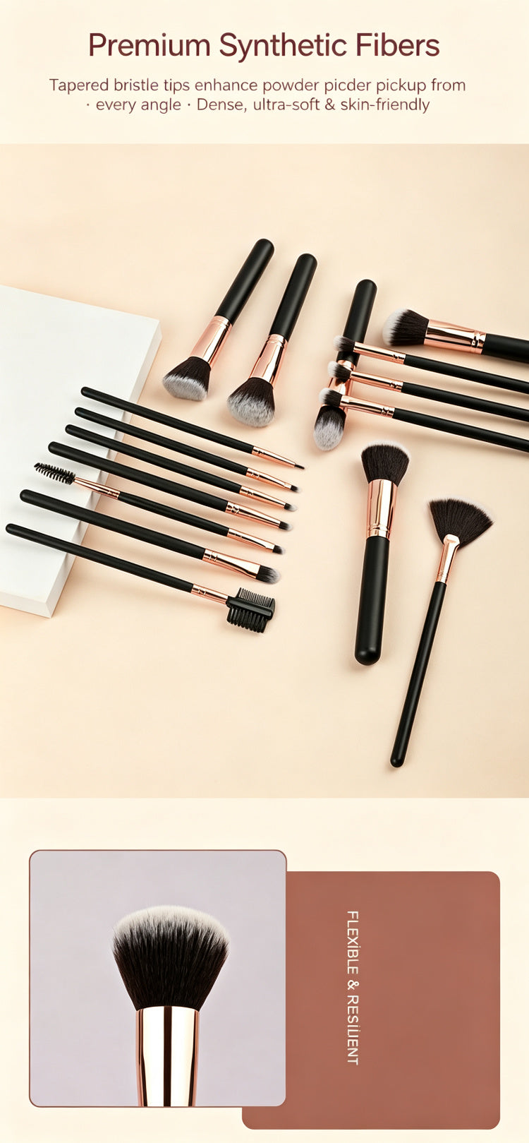 16Pcs Pro Makeup Brush Set — Soft Synthetic, Black & Rose Gold
