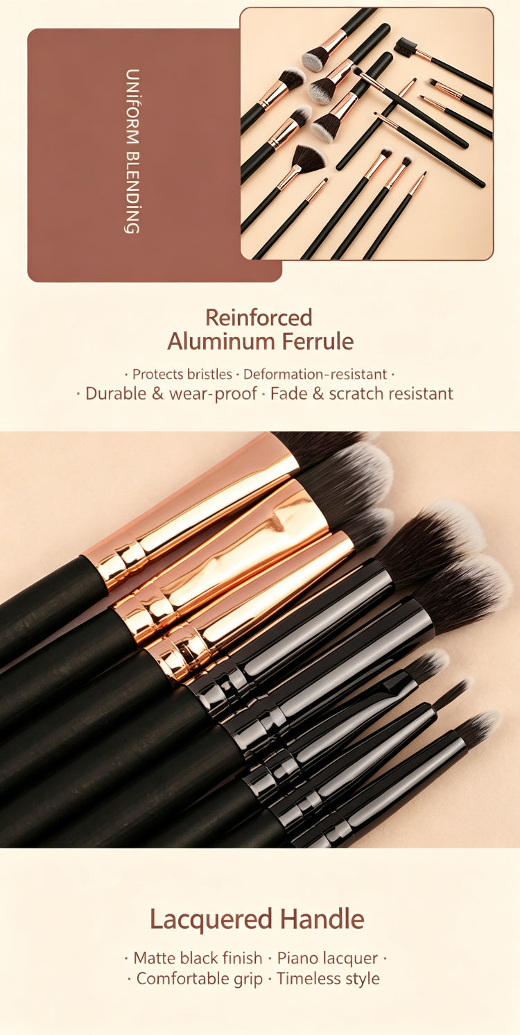 16Pcs Pro Makeup Brush Set — Soft Synthetic, Black & Rose Gold