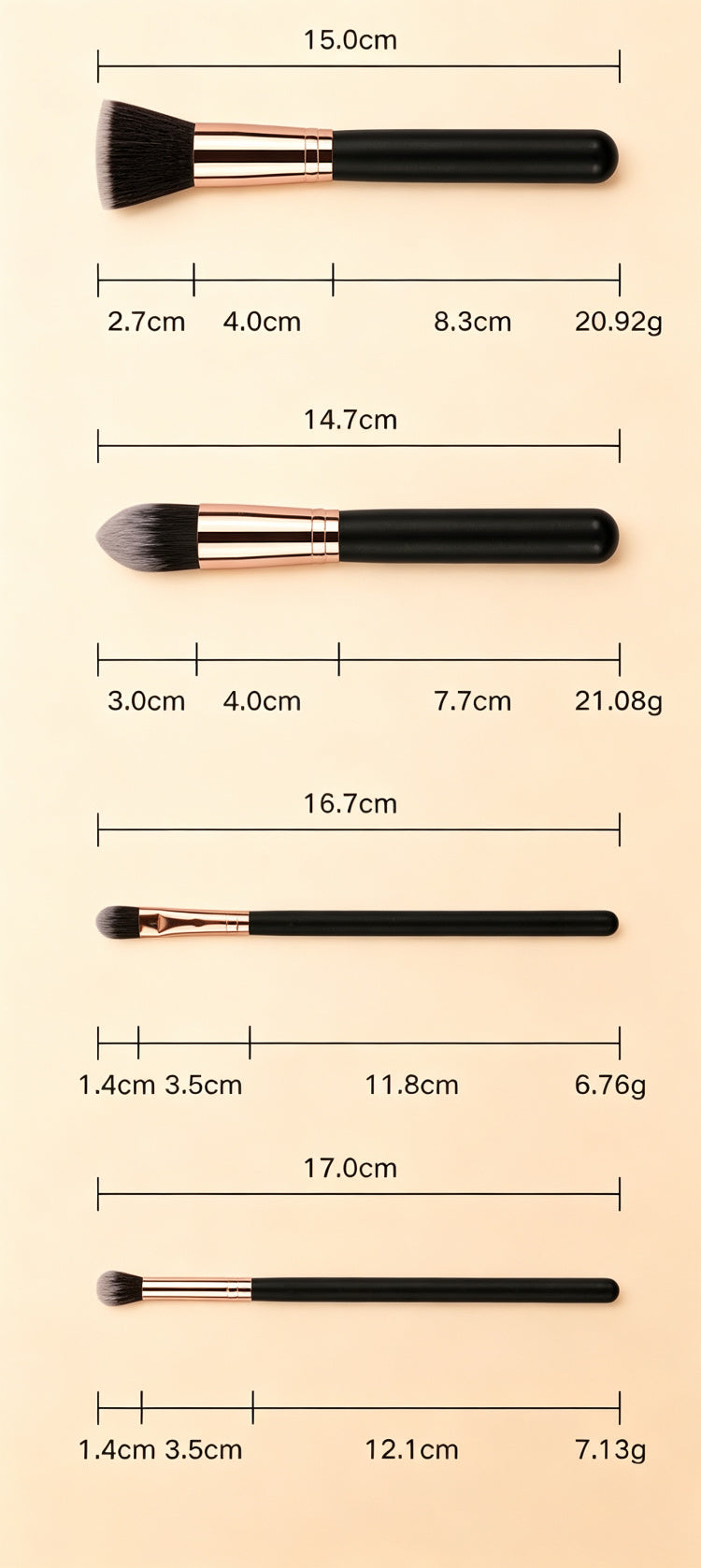 16Pcs Pro Makeup Brush Set — Soft Synthetic, Black & Rose Gold