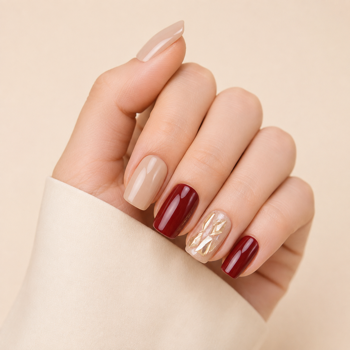 Bordeaux Gold Leaf press-on nail style