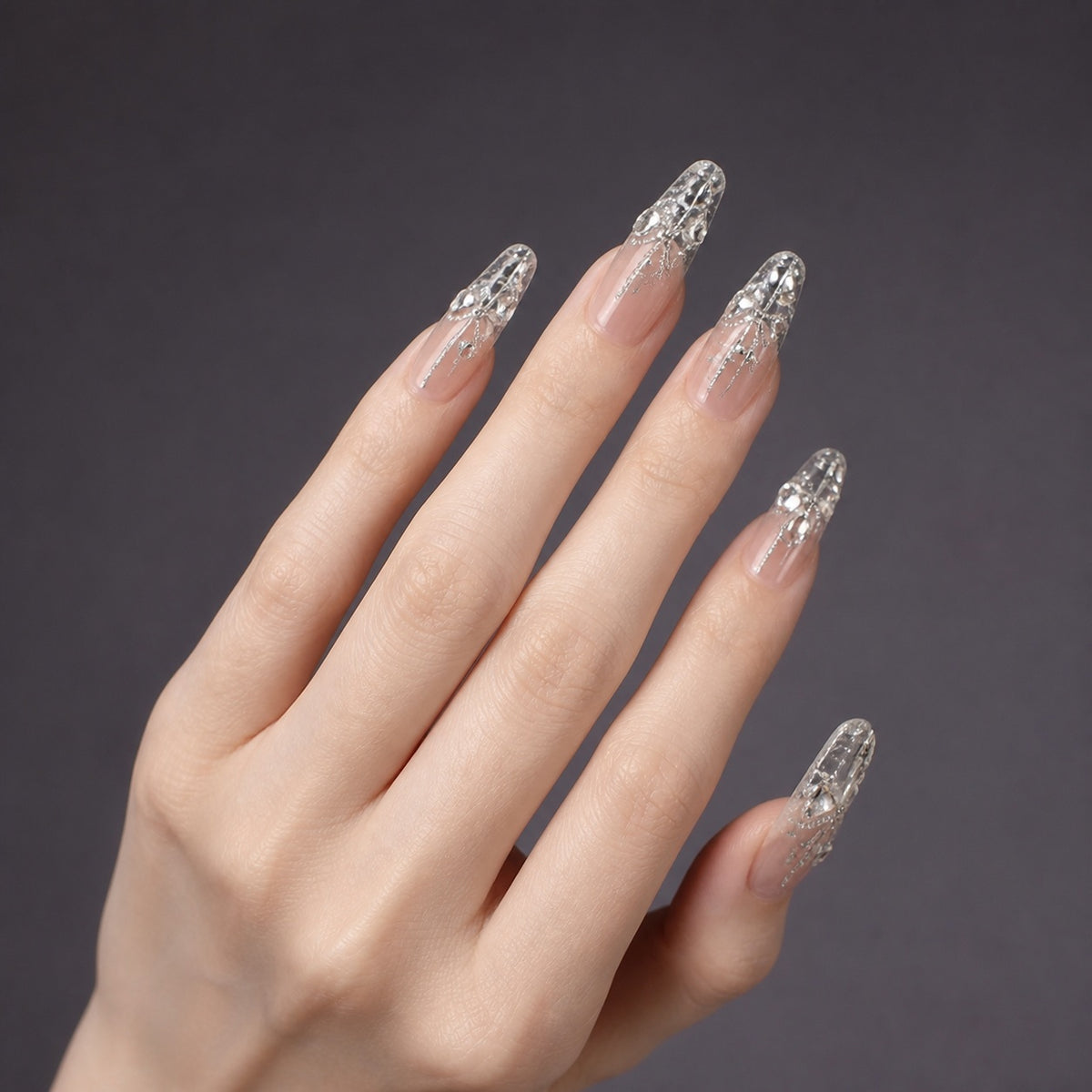 Crystal Rain press-on nails on hand