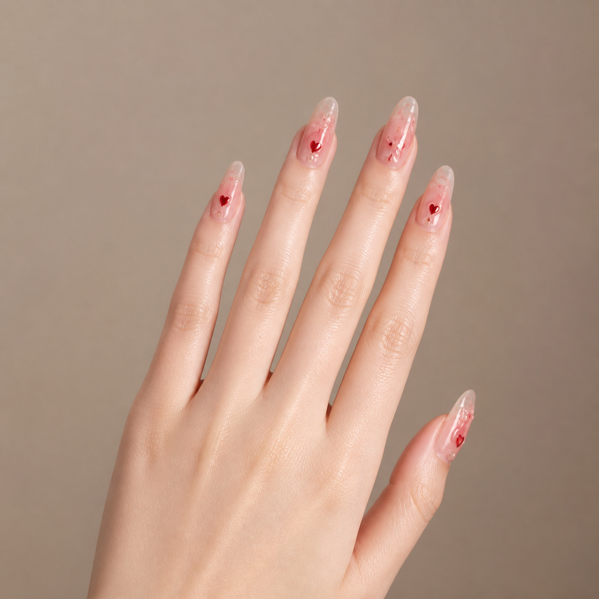Pearl Heart Glass press-on nails on hand