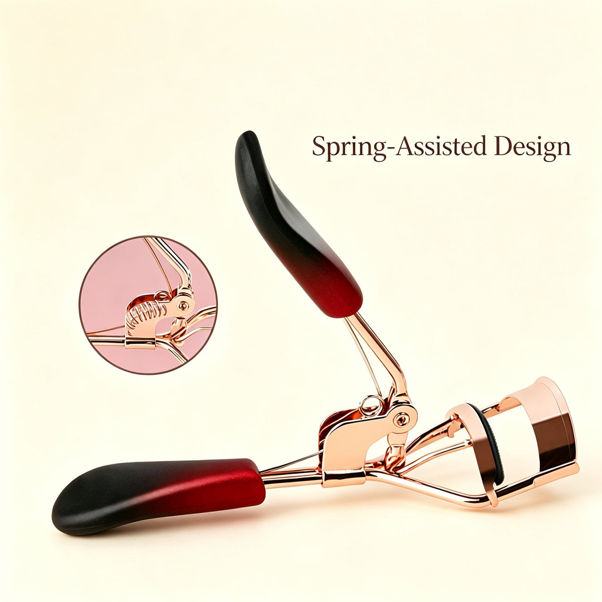 Close-up of the eyelash curler spring mechanism and handle