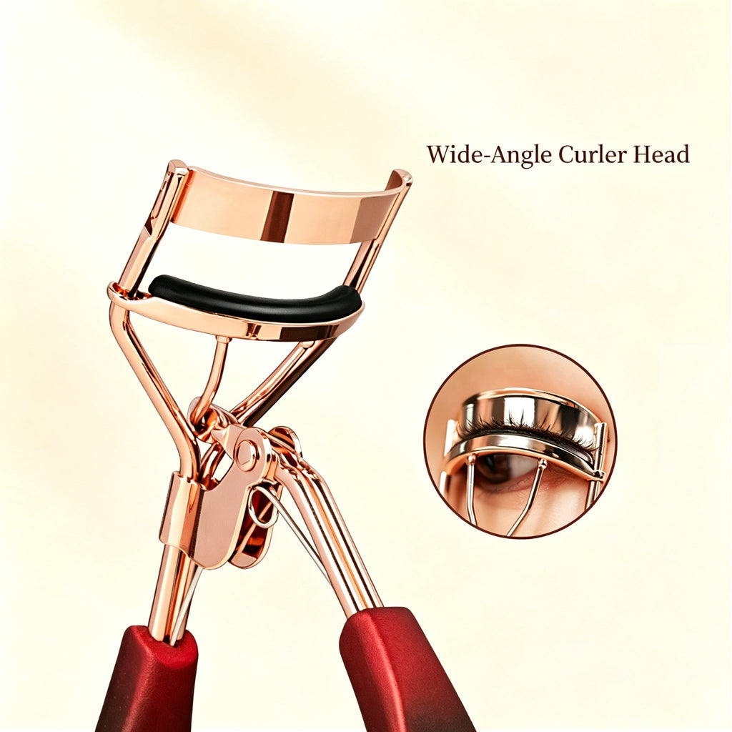 Close-up of the wide curved head on the eyelash curler