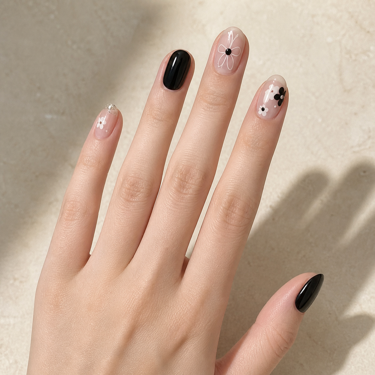 Noir Petite Bloom press-on nails on hand
