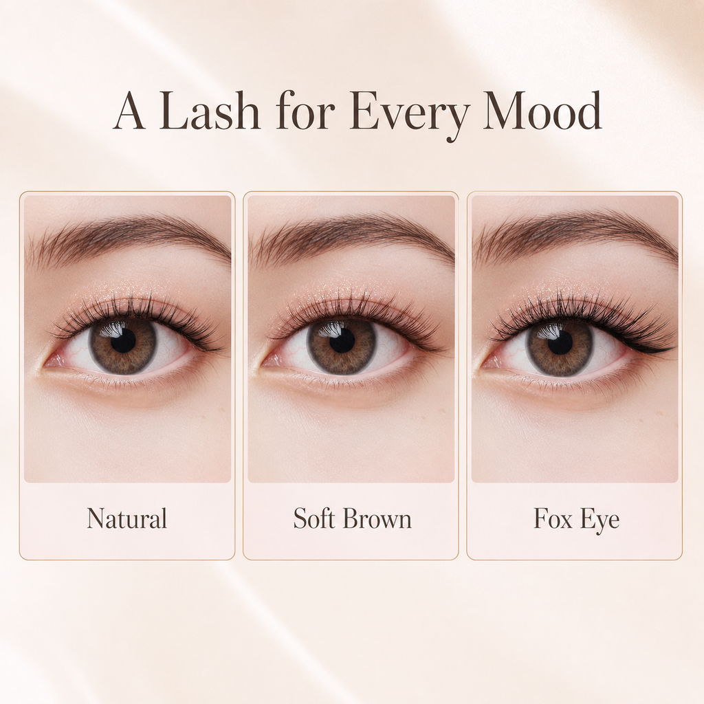 Natural, soft brown and fox eye lash looks