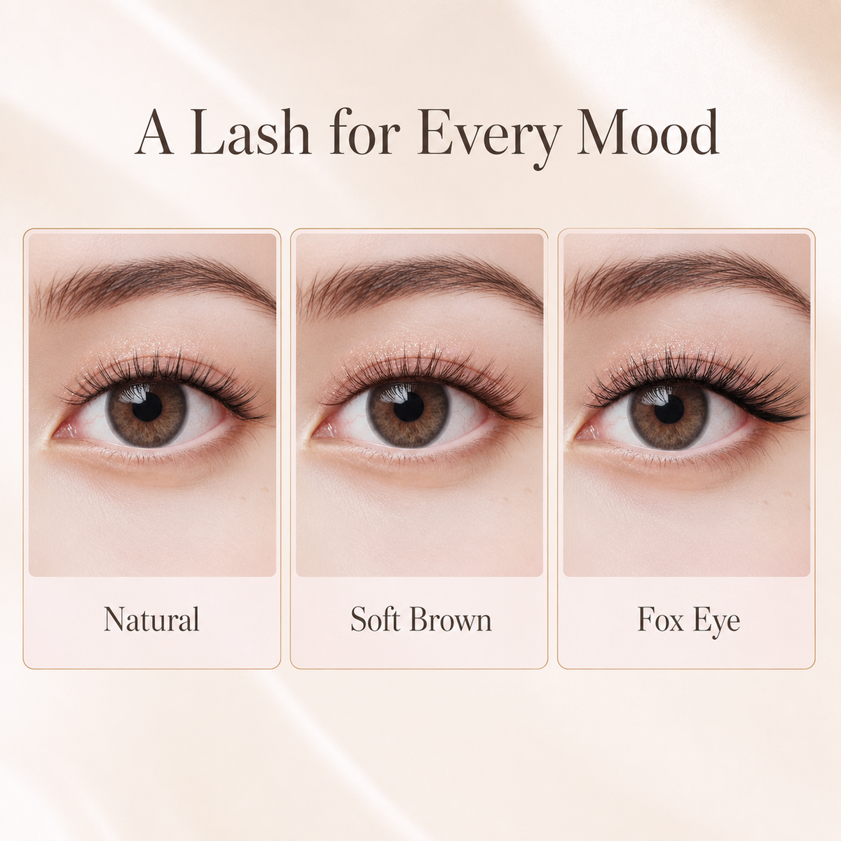 Natural, soft brown and fox eye lash looks