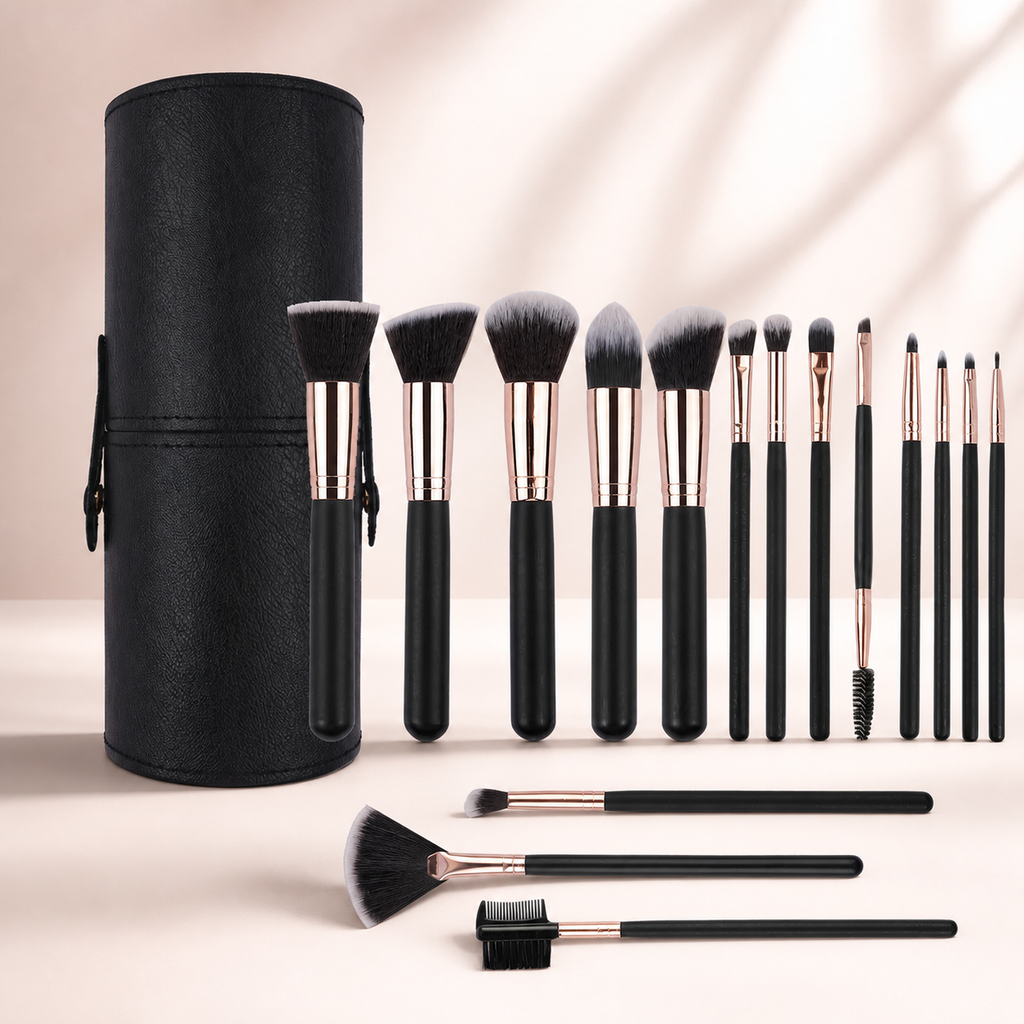 Sixteen-piece black and rose gold makeup brush set with storage case shown