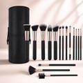 Sixteen-piece black and rose gold makeup brush set with storage case shown
