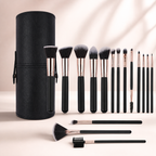 Sixteen-piece black and rose gold makeup brush set with storage case shown