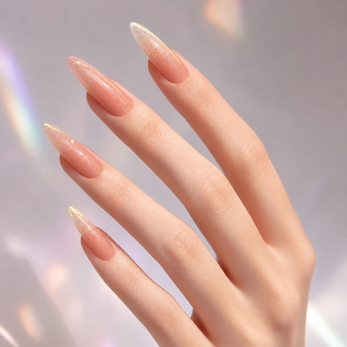 Blush Prism press-on nails on hand