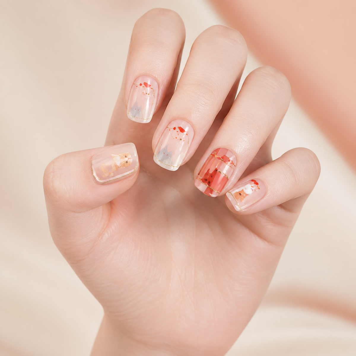 Coral Whisker press-on nails on hand