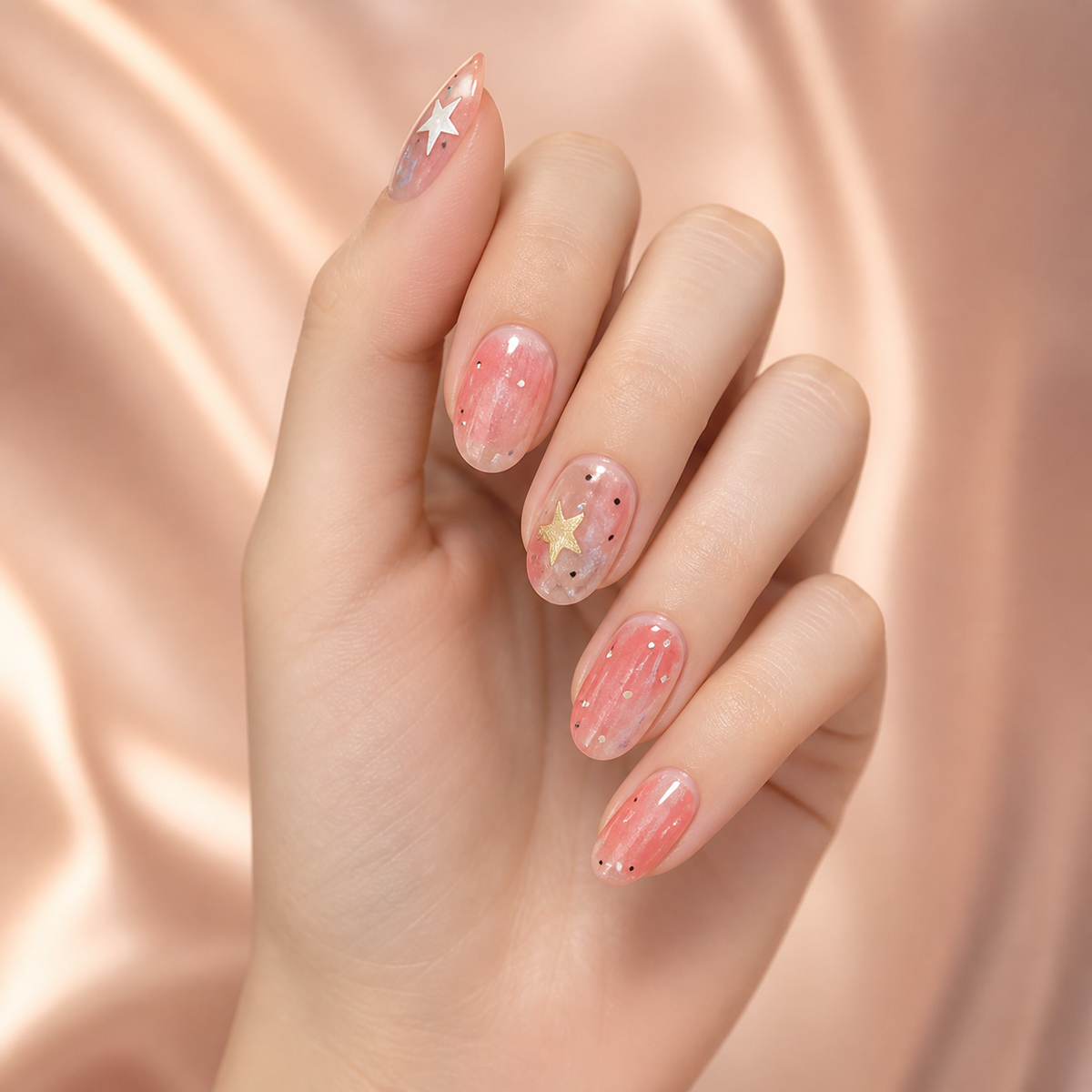 Coral Stardust press-on nails on hand