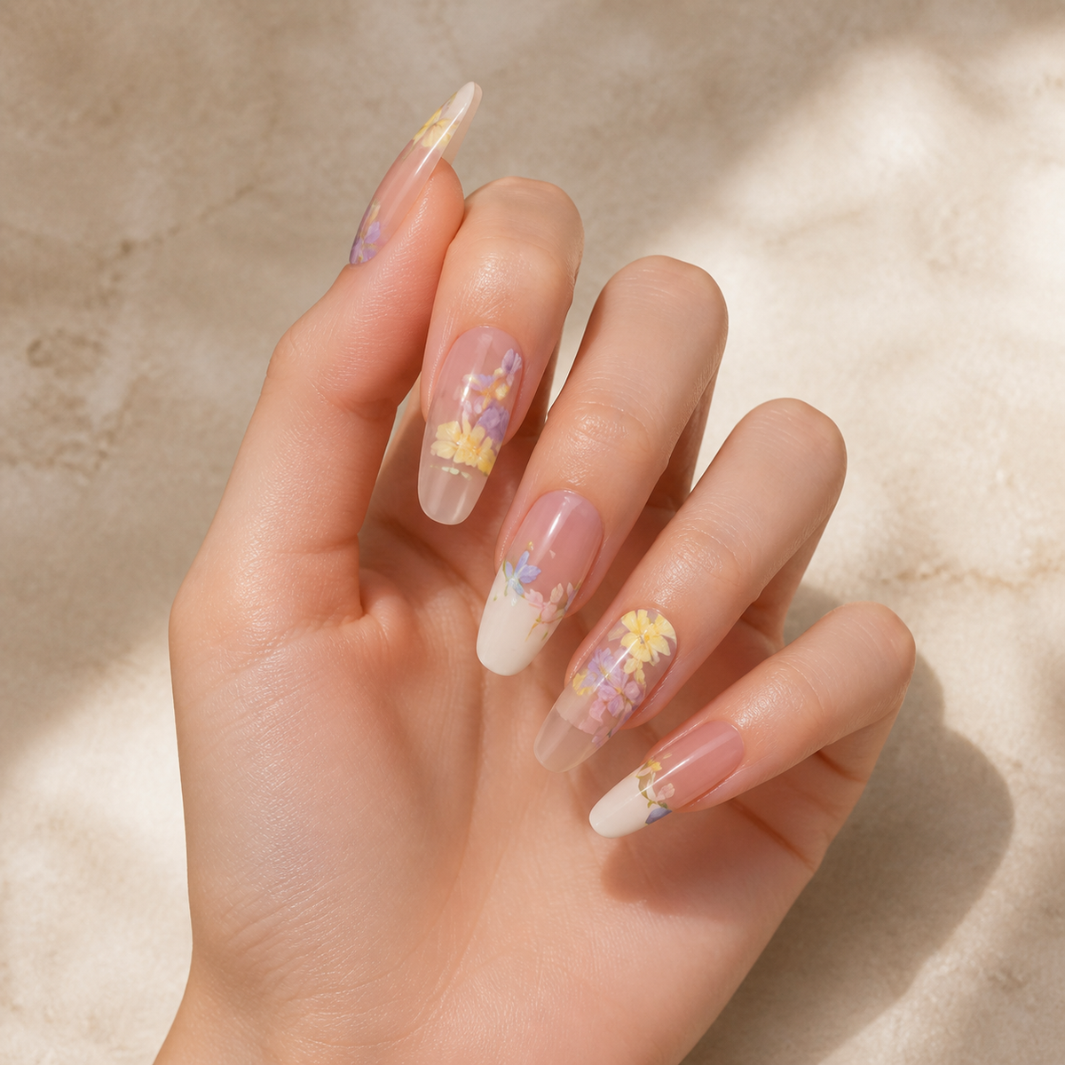 Lavender Garden press-on nails on hand