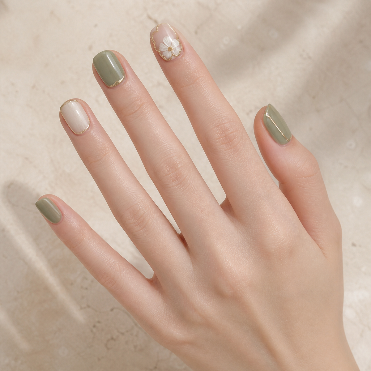 Camellia Stillness press-on nails on hand
