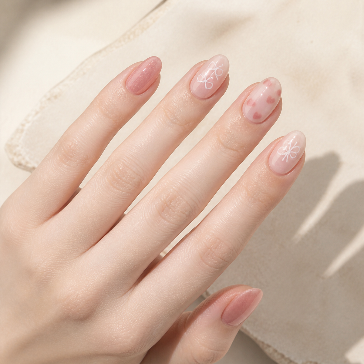 Heart Ribbon press-on nails on hand