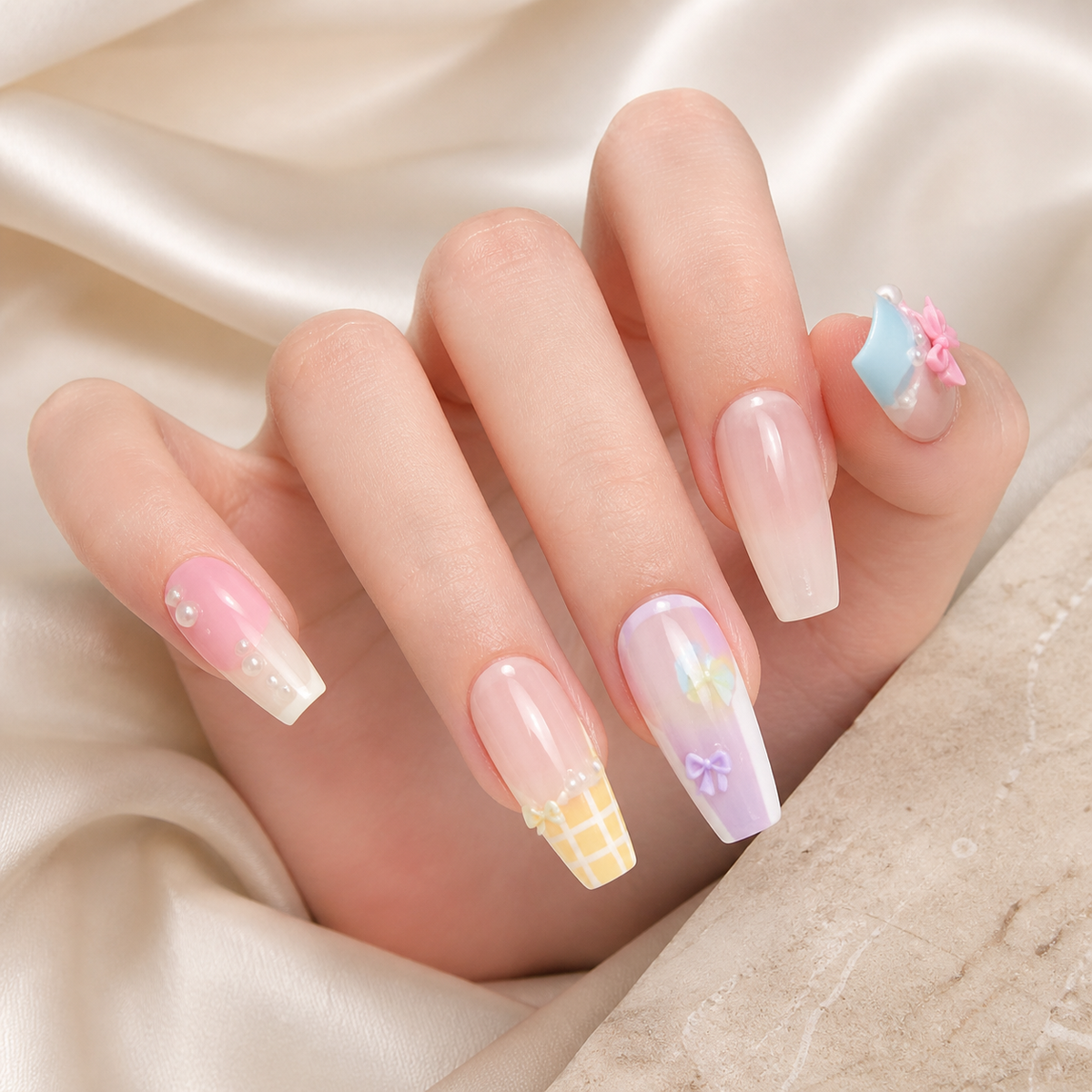Candy Bow press-on nails on hand