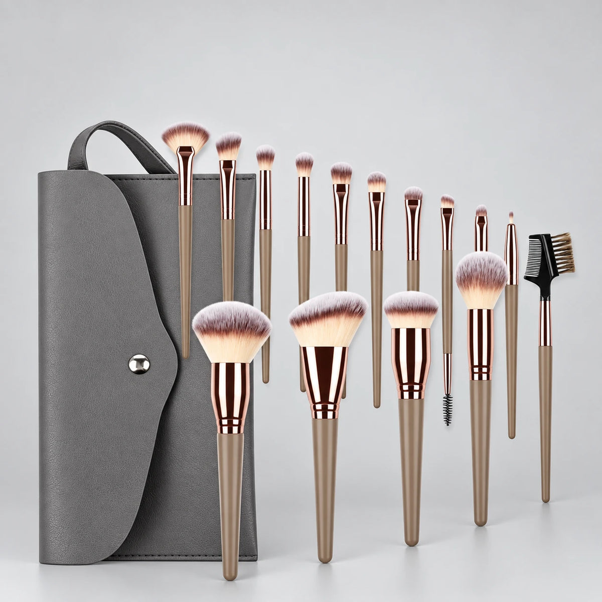 Fifteen-piece taupe makeup brush set with grey pouch