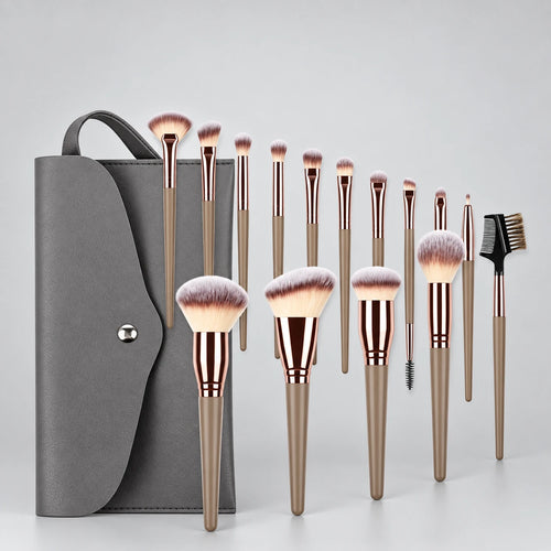 Fifteen-piece taupe makeup brush set with grey pouch