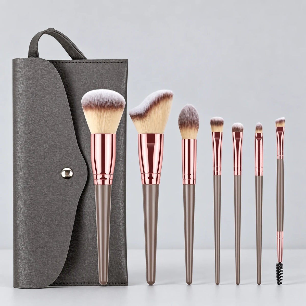Seven-piece taupe makeup brush set with grey pouch