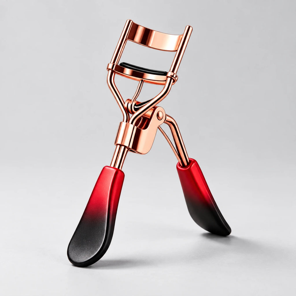 Red and black eyelash curler with rose gold-tone frame