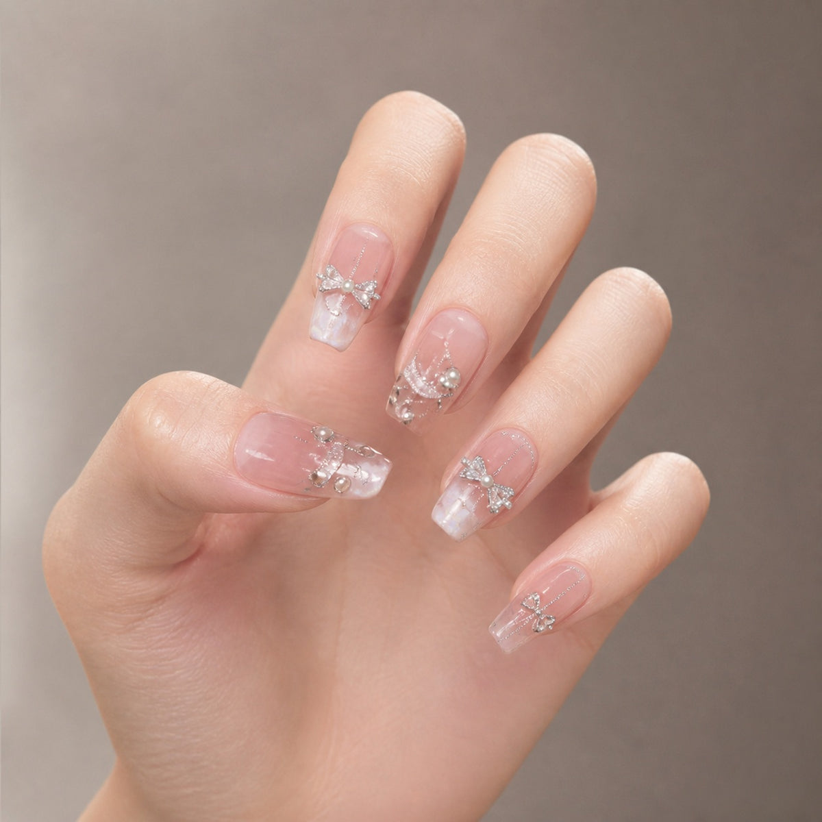 Pearl Ribbon press-on nails on hand